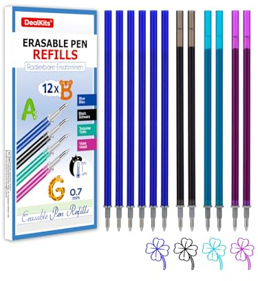DealKits 12x Radierbarer Ersatzminen für Legami - 6 Blau, 2 Schwarz, 2 Violett, 2 Türkis, Thermoempfindliche Tinte, Stiftspitze 0,7mm, Höhe 13 cm, Gelschreibermine Radierbar | 12er Set Nachfüllminen, Thermoempfindliche Tinte, Stiftspitze 0,7mm, Höhe 13 cm, Schreiben, Ideal als Geschenk zu Schulanfang