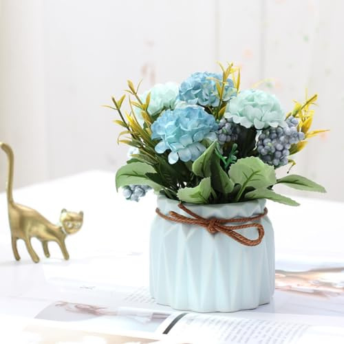 AQCQDQ Topf Mini Fake Hortensien Blumen, Mini Künstlich Hortensien Künstliche Blumen mit Vase, Künstliche Deko Hortensie blühend im Topf für Tischdeko Wohnzimmer Zuhause Dekoration (Blau)
