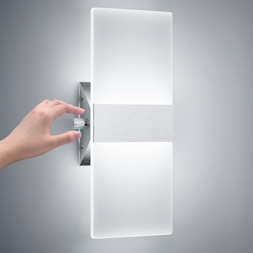 ChangM LED Wandleuchte mit Schalter Wandleuchte Innen, Kaltes Weiß | 12W, 6000K, Einstellbare Helligkeit 10% -100%, Wandlampe Acryl für Wohnzimmer Schlafzimmer Treppenhaus Flur
