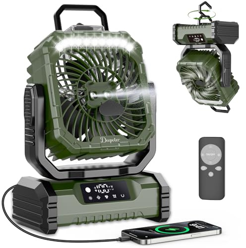 OUTACT Ventilateur de Camping 20000mAh USB Rechargeable avec Lumière LED, Ventilateur Portable à 5 Vitesses avec Télécommande, Crochet et Minuterie pour Chambre, Bureau, Tente, Plage, Vacances - Vert
