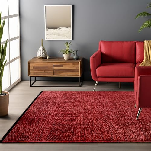 HomebyHome Baumwolle Teppich Rot 240x340 cm - Waschbar, Boho-Stil, Vintage Kelim, Kurzflor, rutschfest & Weich, Einfarbig Meliert, Für Wohnzimmer, Schlafzimmer, Büro & Küche