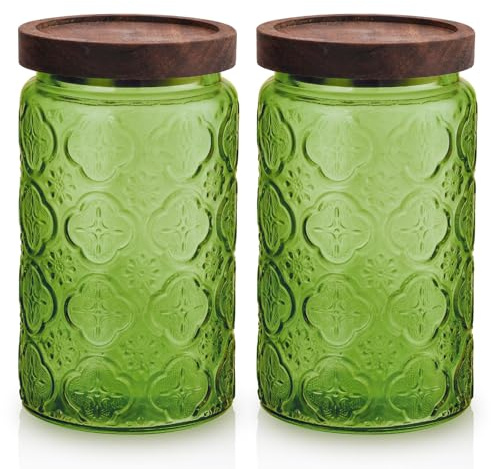 TkoYuHm 2 pack Decorative Mason Jars with Wooden Lids Colored Glass Kitchen Canister for Coffee Tea Cookie Airtight Vintage Food Storage Container with Embossed Floral Pattern (Green Crabapple, Large)