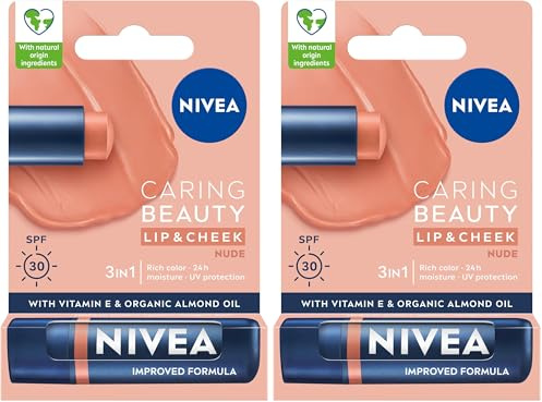 NIVEA Caring Beauty Nude Lip Balm SPF30 (4.8g), 3-in-1 Buttery Lip and Cheek Tint, Rich Colour and 24H Moisturisation with SPF 30 Protection (Pack of 2)