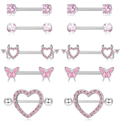 CHUANFU 5 Pares 14G Piercing Pezon Acero Quirúrgico, Piercing Pezon Mujer Mariposa Corazón Circonita Cúbica, Conjunto de Joyería Corporal para Mujeres