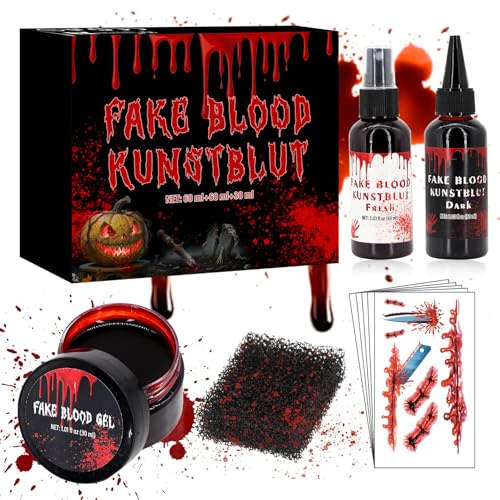 150ml Faux Sang + 5 Feuilles Tatouage Halloween pour Maquillage Halloween, Fake Blood pour Vampire, Clown, Zombie, Tatouage Halloween Enfant Adulte, Maquillage de Théâtre, Carnaval, Cosplay