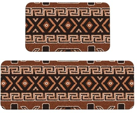 Brown and Black Aztec Pattern Southwest Kitchen Mats Set of 2 - Floor Mats for Sink & Stove Areas, Durable Comfort for Kitchen & Office