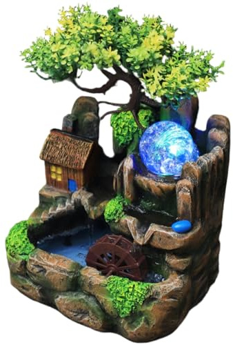 Suxdlan Tabletop Water Fountain, Decorative Resin Easy to Install Indoor Water Fountain with LED Lighting and Atomiser for Home and Office