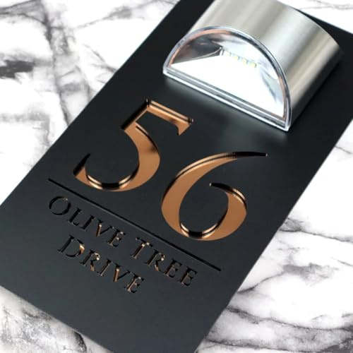 Personalisiertes Solar-Adressschild, beleuchtete Hausnummern für draußen, personalisiertes 3D-Solar-Türschild, Hausnummern für den Außenbereich (Schwarz + Gold)