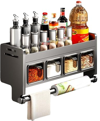 Gewürzregal Wand mit Gewürzbox & Küchenrollenhalter, Edelstahl Gewürzregal ohne bohren, Küchenregal Hängend mit Löffel, Verbreiterung der Arbeitsplatte, Wandregal Küche, Gewürz Organizer (4 Gewürzbox)