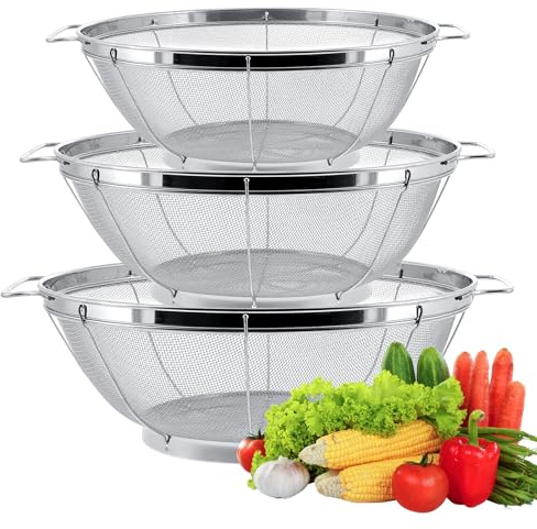 Juego de 3 coladores de metal de cocina de acero inoxidable, colador con asa para pasta, verduras, frutas, 22 cm, 25 cm, 28 cm