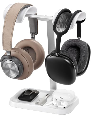 QinCoon Soporte doble para auriculares, soporte doble equilibrado para auriculares para escritorio (blanco)