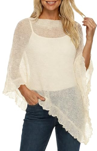 Poncho elegante asimétrico, capa, chal envolvente, ligero de punto para cubrir suelto y cómodo, casual blusa de verano holgada, blanco, Altoa única