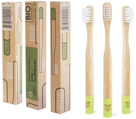Rain Organic Bamboo Baby Kids Toothbrush - 100% Safe Infant Toddler Toothbrush 6 to 12 Months and Up, Natural BPA-Free Biodegradable Wood Extra Soft Bristles Children's Dental Care (3 Pack)
