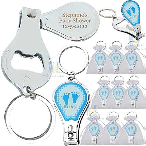12 PCS Personalized Baby Shower Blue Boy Keychain Favors/Nail Clipper and Bottle Opener/Custom Laser Engraving Gift (Footprint)