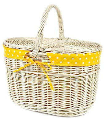 MyBer® Weidenkorb Korb aus Weide mit Stoffeinlage Picknickkorb Pilzkorb Autokorb Ausflugskorb 40/28/22cm (38cm mit Griff) Tragekorb mit 2 Deckeln Vollweide Einkaufskorb geflochten weiß K13-027-W-SGW