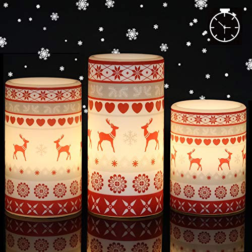 Eldnacele Flameless Red Deer Winter Candles Flickering with Timer, Battery Operated Real Wax Deer Decal Christmas Pillar Candle Lights for Holiday Decor Gift Set of 3