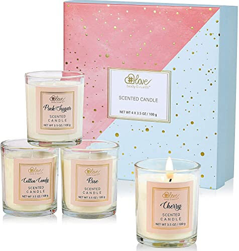 BODY & EARTH # LOVE Duftkerze Geschenkset für Frauen, 4x100g Lang Anhaltende Duftkerzen zu Hause für Baden und Yoga, natürliche sojakerzen, Duftkerzen im Glas, Vatertagsgeschenk
