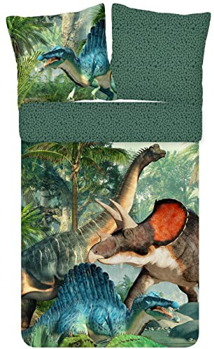 ESPiCO Bettwäsche Trendy Bedding Jurassic Dino Saurier Spinosaurus Triceratops Schuppenmuster Grün Wald Renforcé, Größe:135 cm x 200 cm