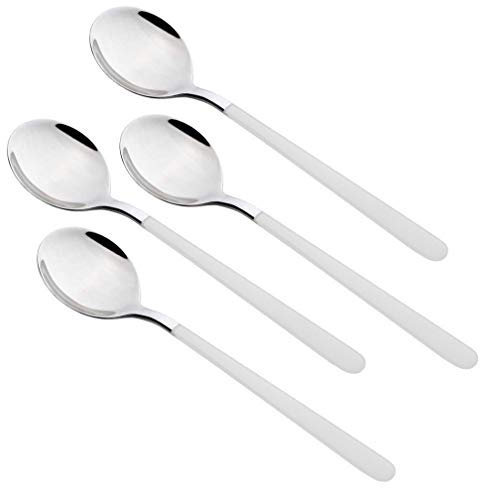 Lot de 4 cuillères à soupe rondes en acier inoxydable avec long manche - Style coréen - Pour remuer, assaisonnement, café, thé, ustensiles de cuisine pour la maison, le bureau, le restaurant - Blanc