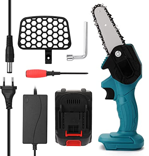 Mini Motosierra Bateria 4 Pulgadas, 21V Eléctrica Motosierra de Mano Pequeñas Sierra Podar Bateria, 1 x 2000 mAh Baterías, para Cortar árboles de Jardín y Cortar Madera