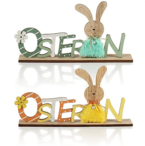 com-four® 2X Deko Aufsteller für Ostern, Schriftzug mit Osterhasen | Osterdeko zum Hinstellen - Osterdekoration aus Holz und Glöckchen