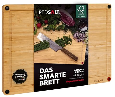REDSALT® Innovadora tabla de cortar de madera de bambú, grande, 42x30x2,5cm, reversible, antideslizante, antibacteriana, surco profundo, tabla prémium para cocina, barbacoa (Talla M 36x26x2,5cm)