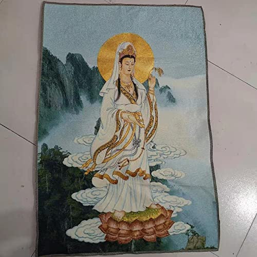 XIALON 35.4inch Chinese Silk Embroidery Stand Kwan Yin Guan Yin Thangka Paintings Mural