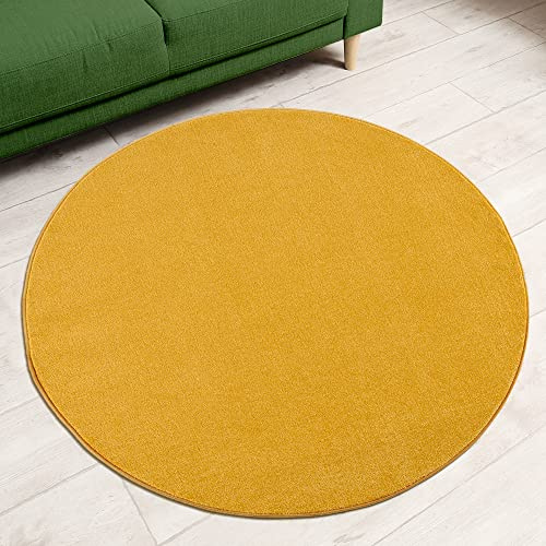 Impression Kurzflor-Wohnzimmerteppich - Schlichte Moderne Teppiche für Schlafzimmer, Büro, Flur, Küche, Kinderzimmer - Gelb, 150 cm Rund