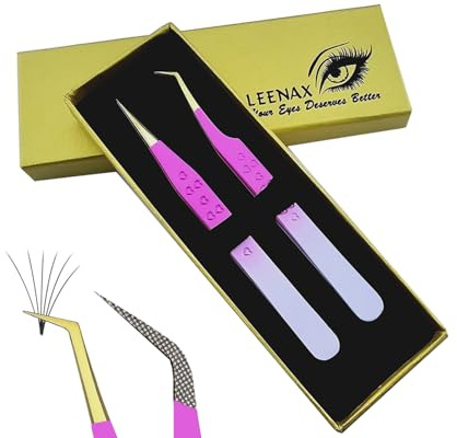 Leenax 2 delar fiberspets (halkfri) ögonfransförlängningspincett, rak och 45 graders volympincett, japanskt rostfritt stål, hjärtdesign (rosa tulpan)