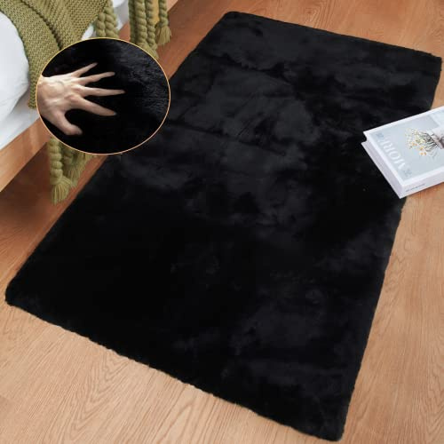 ORINOVA Teppich Schwarz Flauschig Schlafzimmer Wohnzimmer Fellteppich 60x90 cm Kunstfell Teppich Weich Klein Waschbar Black Carpet Rug Rechteckig