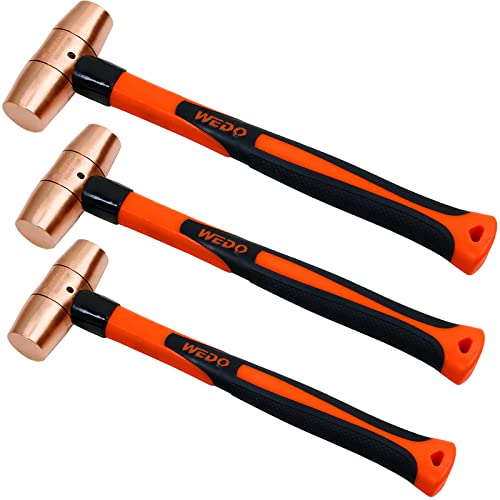 WEDO Kupfer-Hammer-Set, 3-teilig, 0,9 kg + 0,5 kg + 0,9 kg, massiver Kupferhammer, Vorschlaghammer-Set, Fiberglas-Hammergriff, gestanzt, korrosionsbeständig, DIN-Standard