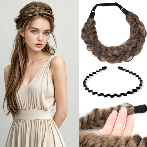 Norhogo Extensions Haarband, Zopf Haarteil Haarband Stirnband, Unordentliches 2 Stränge Kunsthaar Geflochtenes Stirnbands, Klassisches Chunky Wide Geflochtenes Stirnbands für Frauen Mädchen