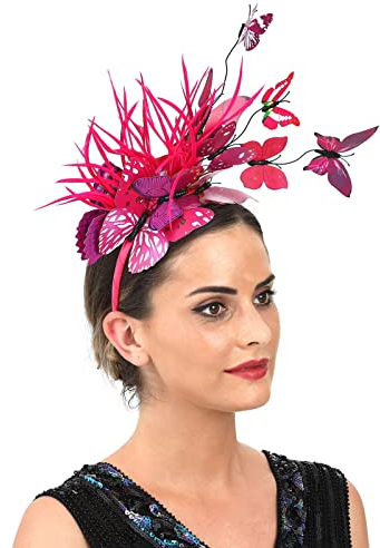 Fascinator Damen Kopfschmuck Hochzeit Hüte Hat Clip Haarclip Hut Stirnband Mesh Tea Party Kopfbedeckung Frauen Pillbox Hut Haarschmuck für Cocktail Halloween Oktoberfest Gothic Hot Rosa