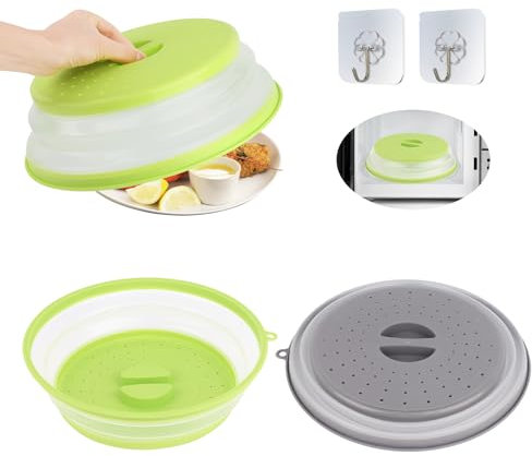 2 Pezzi Coperchio Microonde Pieghevole(Gris+verde), MXTIMWAN Coperchio Piatto Paraschizzi per Microonde Antischizzi per Cuociriso Microonde per Riscaldamento, può per Lavare Frutta e Verdura