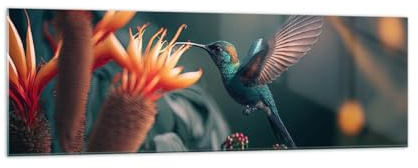 ARTTOR Bilder auf Glas 160x50cm Wandbild Glasdruck Botanik Blumen - 5729 | Vogel Exotisch Blume Panorama Groß XXL Modern Dekoration Wohnzimmer Schlafzimmer Küche Wanddeko Kunstdruck Art ARTTOR
