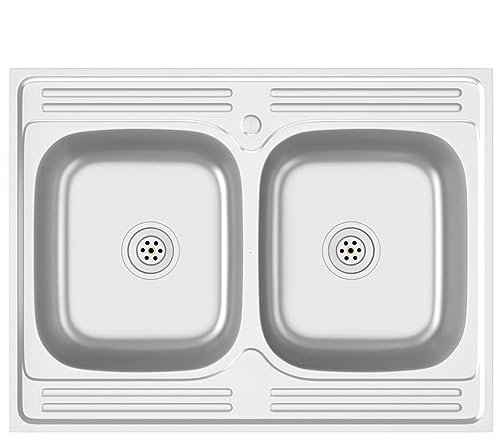 Homgoday Lavello Cucina Doppia Vasca 800x600x155 mm Argento Aiaio Inox, Mobili per Casa Interno Esterno Soggiorno Camera da Letto