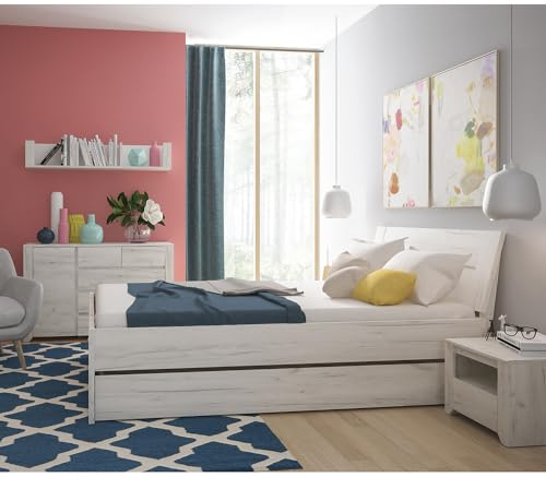 Lomadox Schlafzimmer Set 7-teilig mit Bett 160x200cm,Wandboard, Kommode, 2 Nachttische, 2 Bettschubladen in Craft Eiche weiß Modern