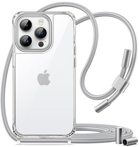 JETech Crossbody Case for iPhone 14 Pro 6.1-Inch with Adjustable Lanyard Strap, Clear Transparent Anti-Yellowing Shockproof Protective Phone Cover with Neck Cord (Silver)