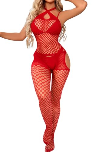 ELEGANT LAM Fishnet Bodysuit Lingerie for Women Mesh Bodystocking Babydoll Nightwear Mini Dress One Size Teddy Lingerie Underwear Nightwear