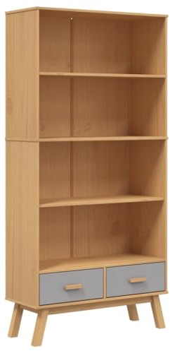vidaXL Bücherregal, Bücherschrank mit 4 Fächern 2 Schubladen, Büroschrank mit Holzgriffen Holzbeinen, Büroregal Standregal, Grau Braun Massivholz Kiefer