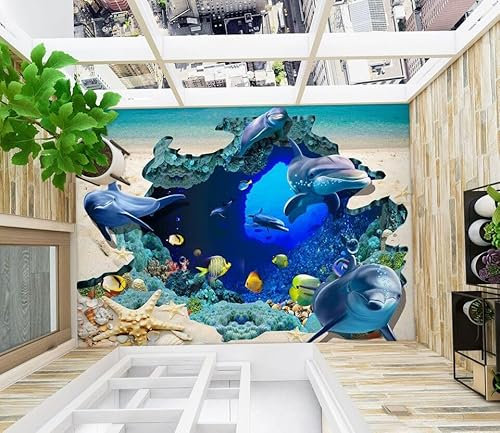 Benutzerdefinierte Selbstklebende Boden Wandtapete 3D-Meeresdelfin, 150 x 105 cm Bodenfliesen Aufkleber Wohnzimmer Studie Pvc Wasserdicht Tragen 3D Bodenbelag Tapete