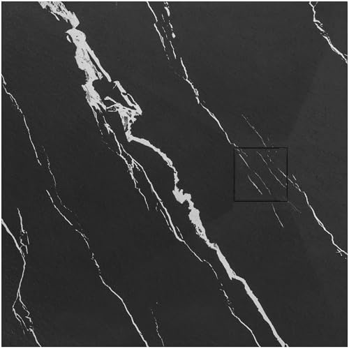 VBChome Duschkar 90 x 90 x 2,5 cm svart stenimitation duschkar extra platt kvadratisk avloppssats täckplatta SMC kompositmaterial universell installation sifon