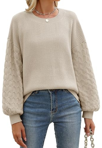 heekpek Jersey Punto Mujer Cuello Redondo Suave Sueter Mujer Manga Larga de Linterna Cálido Suelto Jersey Mujer Otoño Invierno Elegante