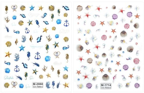 2 Bögen 5D Geprägte Nagelsticker, Muschel Seestern Nagelsticker Sommer Strand Nagelanhänger Selbstklebend Nagelabziehbilder DIY Nageldesign Maniküre-Dekorationen für Frauen Mädchen