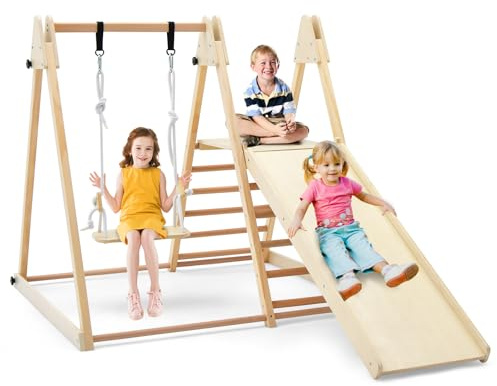 HONEY JOY Kids Indoor Jungle Gym, Large 5-in-1 Playground Climber Playset with Baby Swing, Slide Ramp, Ladder & Climbing Wall, Foldable Wooden Montessori Waldorf Play Gym, Climbing Toys for Toddlers
