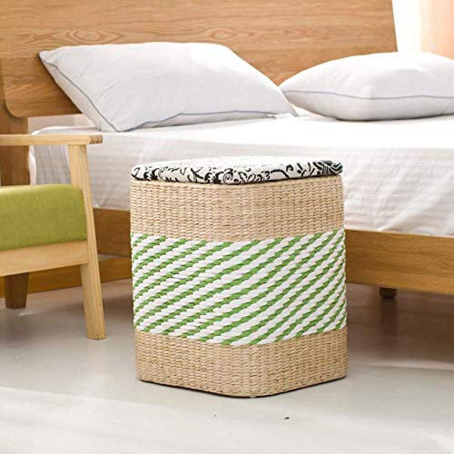 MEILISHAOMEI Rattan-Aufbewahrungshocker, Ottoman-Pouf-Fußhocker, quadratisch, Massivholzrahmen, Fußstütze für Schlafzimmer, Wohnzimmer, Balkon, kleine Bank, H 15.35IN,B