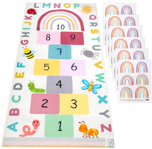 OVALLEY Hopscotch Rug for Kids, Hopscotch Play Mat, ABC Classroom Learning Mat, Small Kids Rug for Playroom, Non-Slip Educational Carpet for Kids Room or Classroom (Numbers & Squares)
