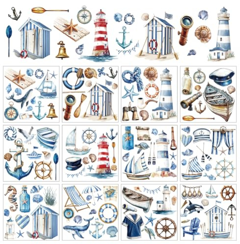 arricraft 12 Blatt Sommer Ozean Nautische Rub On Transfers Zum Basteln Schiff Leuchtturm Meeresleben Rubbel Transferaufkleber Sommer PVC Rubbelaufkleber Zum Aufkleben Für Heimwerker Wohnmöbel