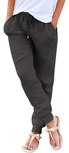 Yuson Girl Pantaloni Donna Pantaloni Lino Donna Estivi Larghi Elastico Eleganti Pantaloni Gamba Dritta Tinta Unita Casual da Spiaggia Leggeri Comodi con Tasche Coulisse(Grigio Scuro, XXL)