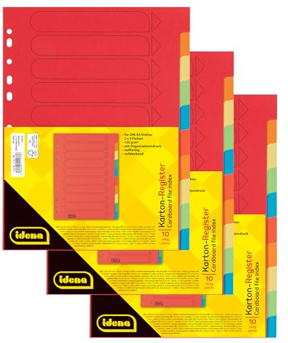Idena 90267 - Índice de cartón para documentos DIN A4, 22,5 x 30 cm, 30 separadores a todo color en 10 colores, 150 g/m², organizador con europerforación e impresión de organización